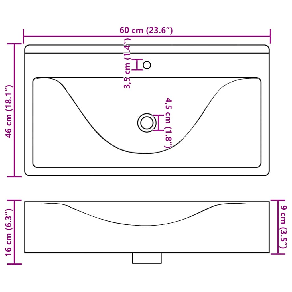 Lavatório cerâmico retangular luxososo branco, furo torneira 60x46cm