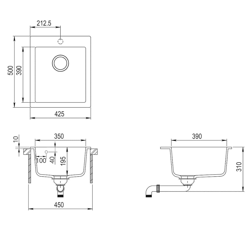 vidaXL Lava-louça de bancada com 1 cuba em granito preto