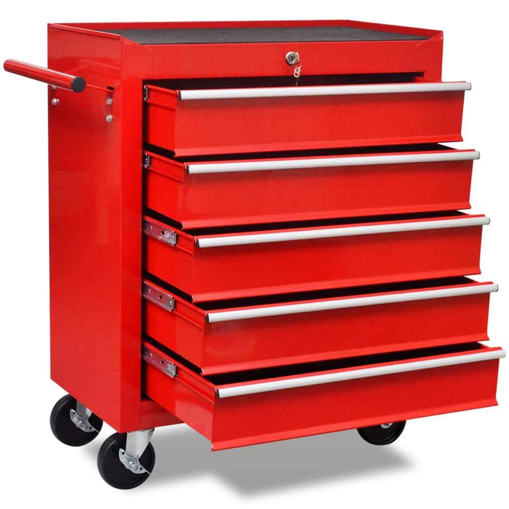 Carinho de ferramentas com 5 gavetas para oficina, vermelho