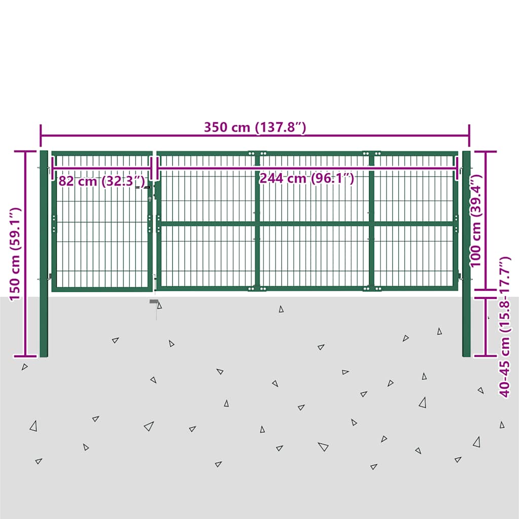 vidaXL Portão de jardim com postes 350x100 cm aço verde.