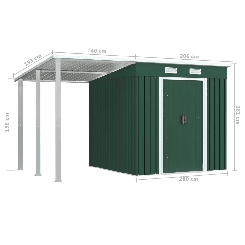 vidaXL Abrigo de jardim com alpendre 346x236x181 cm aço verde