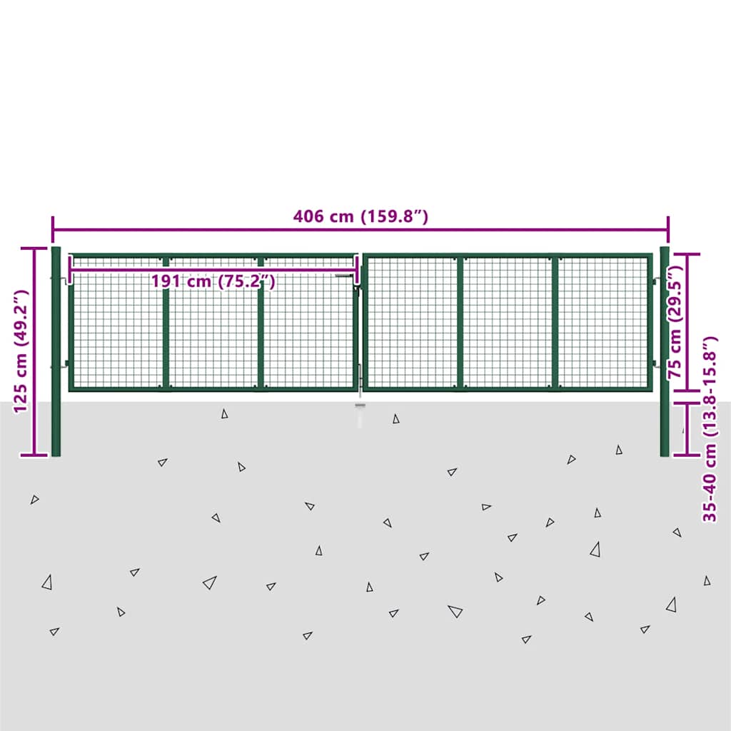 vidaXL Portão de jardim em tela de aço 400x75 cm verde