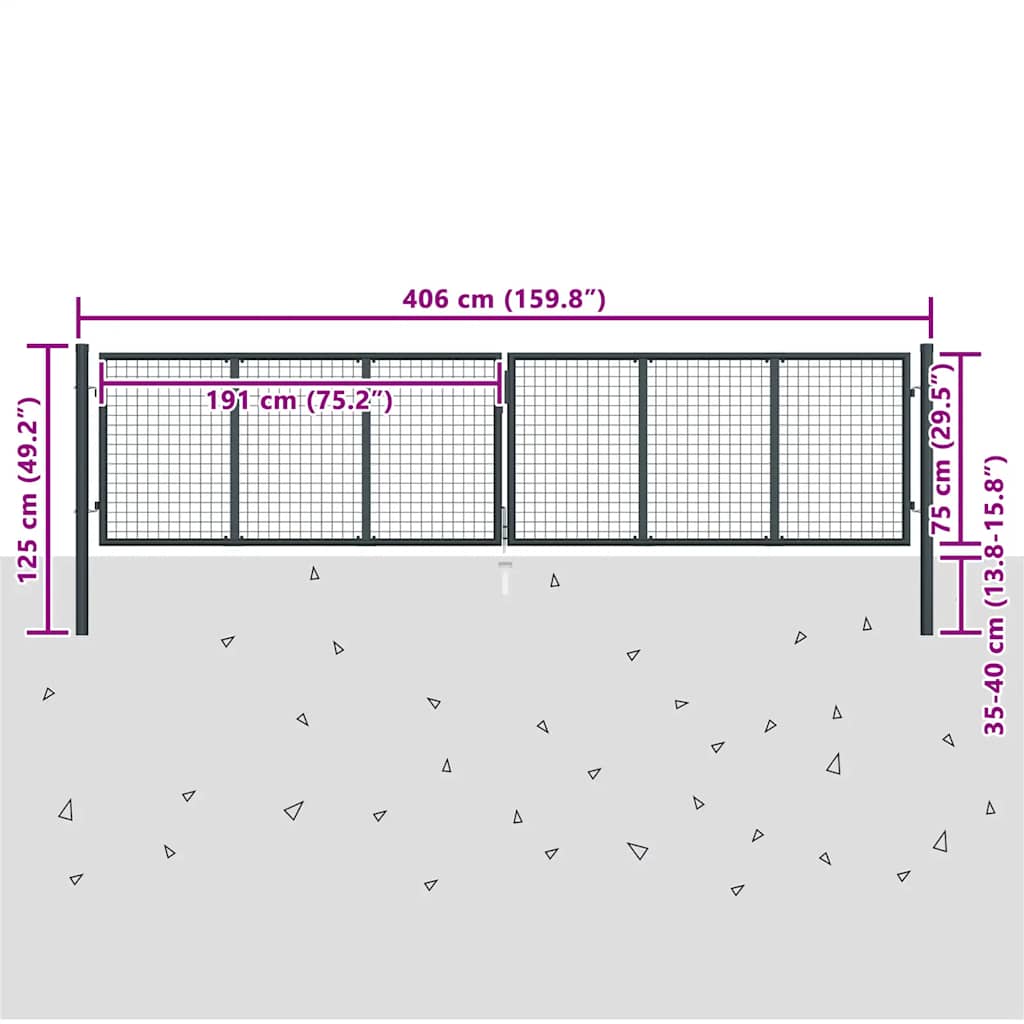 vidaXL Portão de jardim em tela de aço galvanizado 400x75 cm cinza