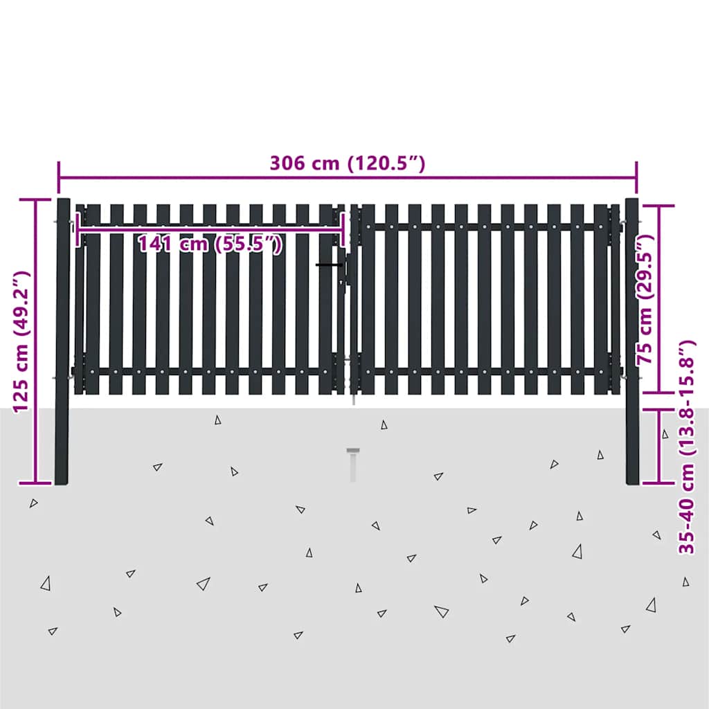 vidaXL Portão de cerca de porta dupla em aço 300x75 cm antracite