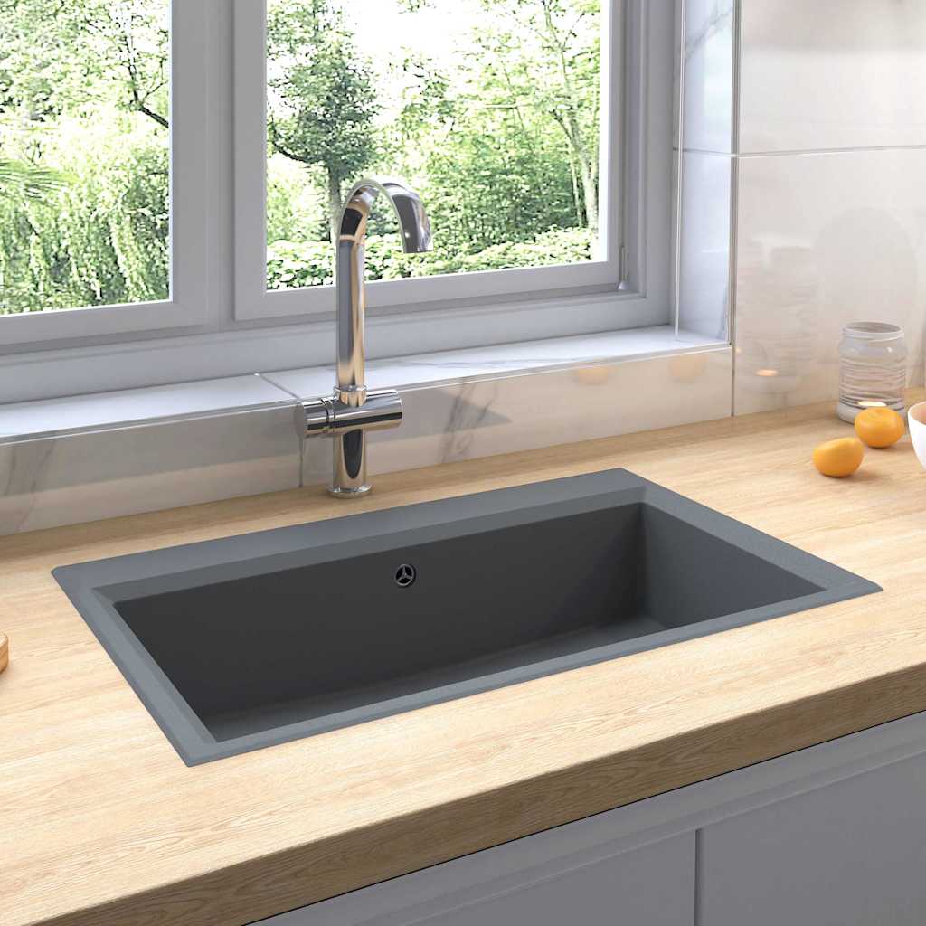 vidaXL Lava-louça cozinha c/ orifício extravasamento granito cinzento
