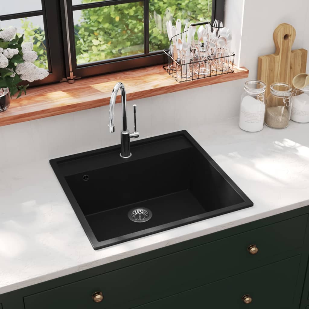 vidaXL Lava-louça cozinha c/ orifício extravasamento granito cinzento