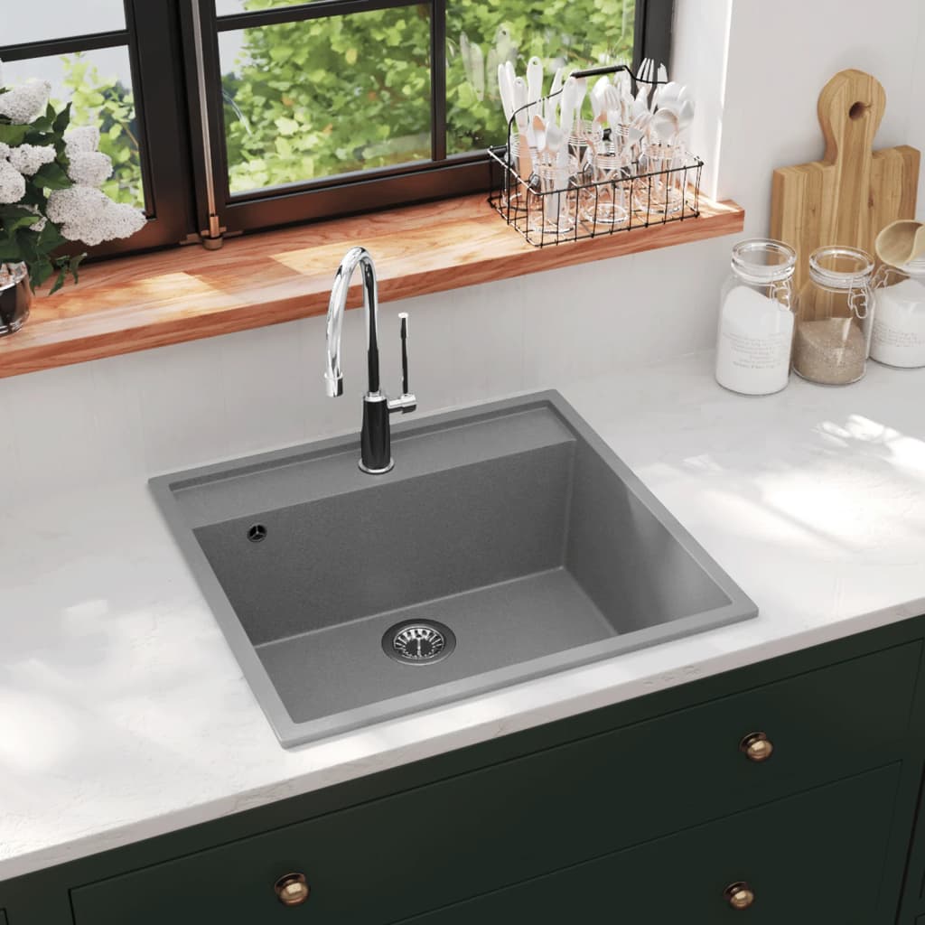 vidaXL Lava-louça cozinha c/ orifício extravasamento granito cinzento