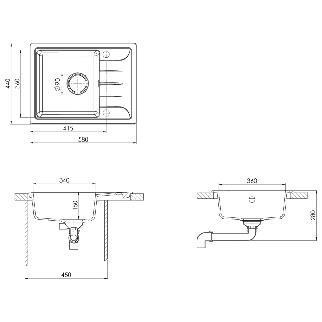 vidaXL Lava-louça cozinha orifício extravasamento oval granito preto