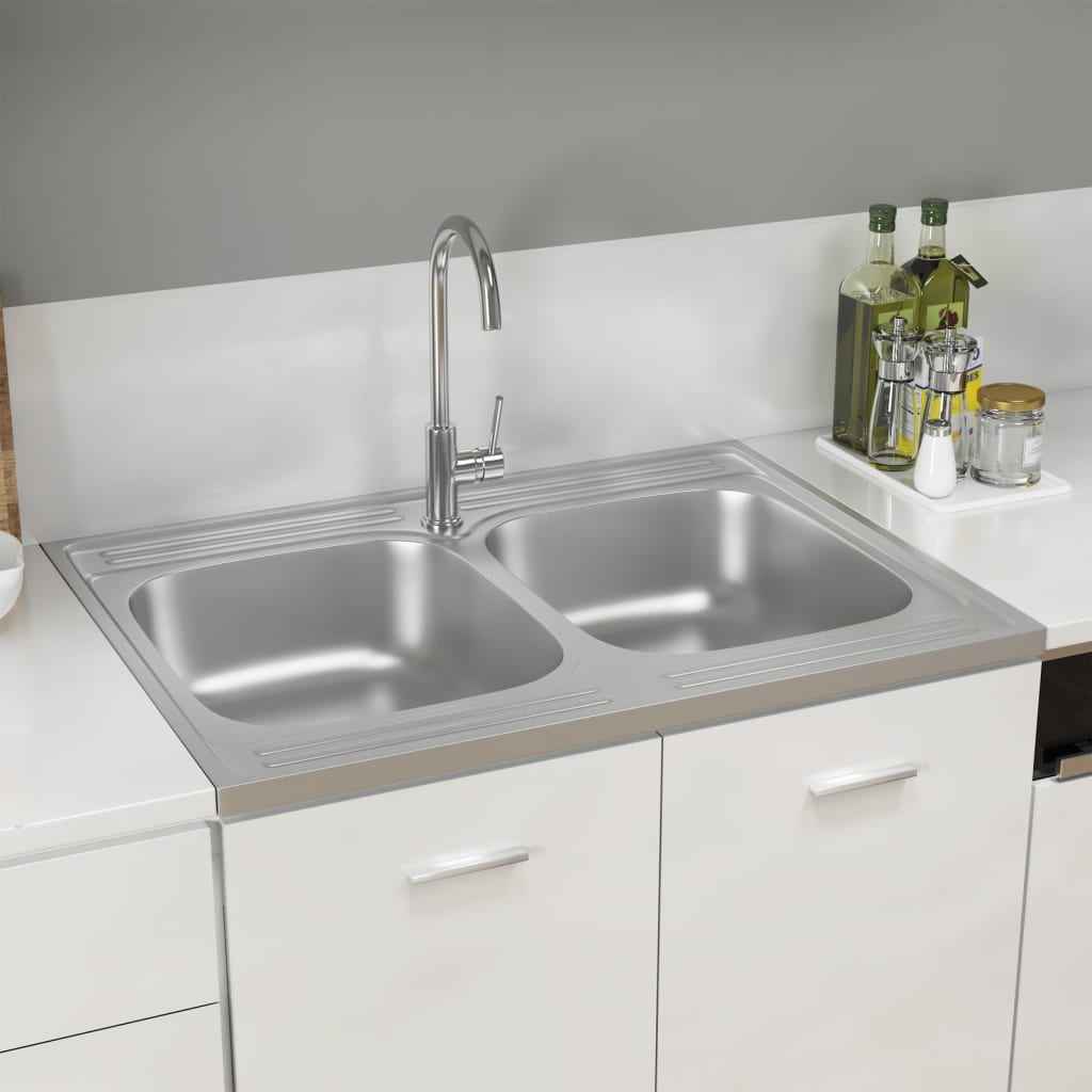 vidaXL Lava-louça cozinha + cuba dupla 800x500x155mm aço inox prateado
