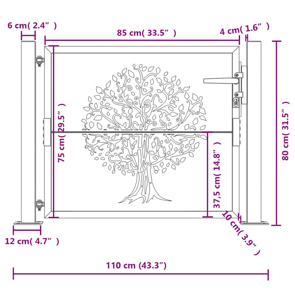 vidaXL Portão de jardim 100x75 cm em aço corten com design de árvore