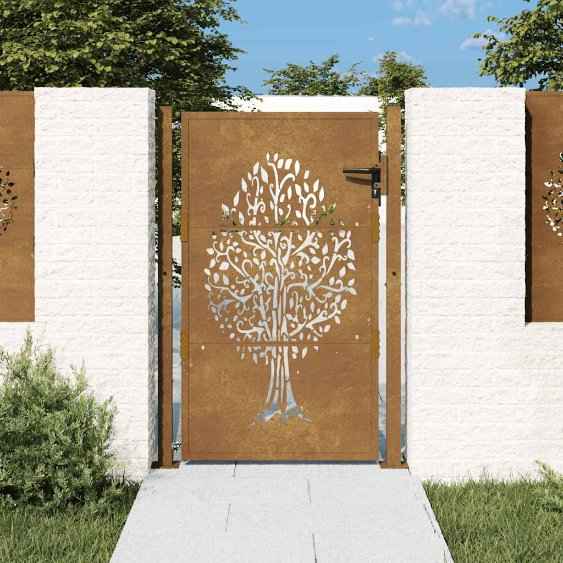 vidaXL Portão de jardim 100x75 cm em aço corten com design de árvore