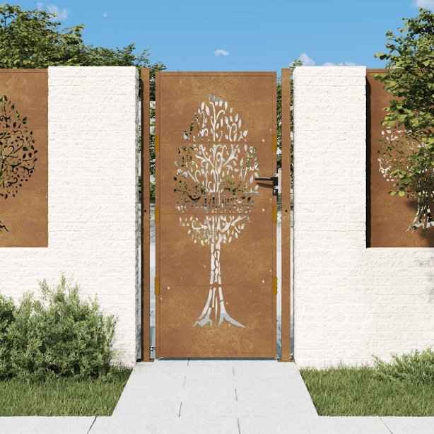vidaXL Portão de jardim 100x75 cm em aço corten com design de árvore