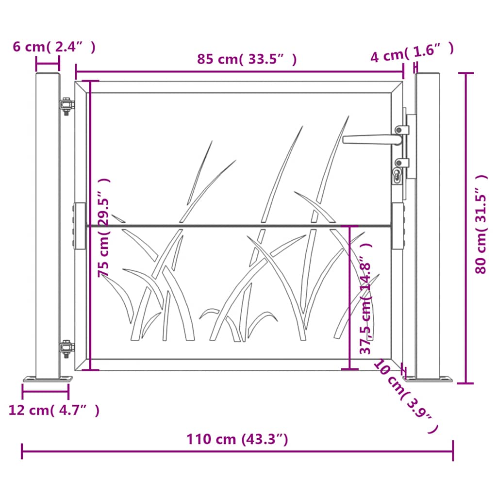 vidaXL Portão de jardim antracite 100x75 cm aço design grama