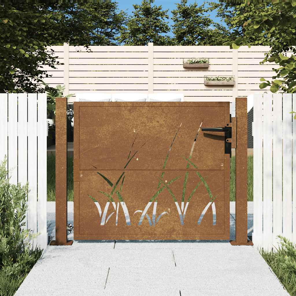 vidaXL Portão de jardim 100x75 cm em aço corten com design de grama