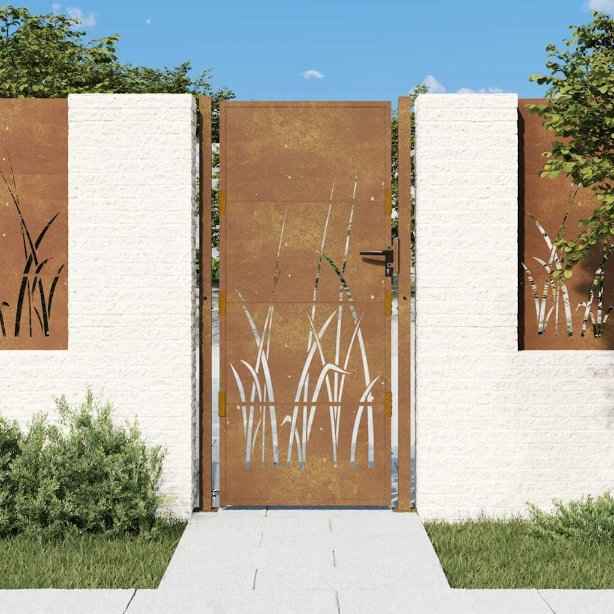 vidaXL Portão de jardim 100x75 cm em aço corten com design de grama