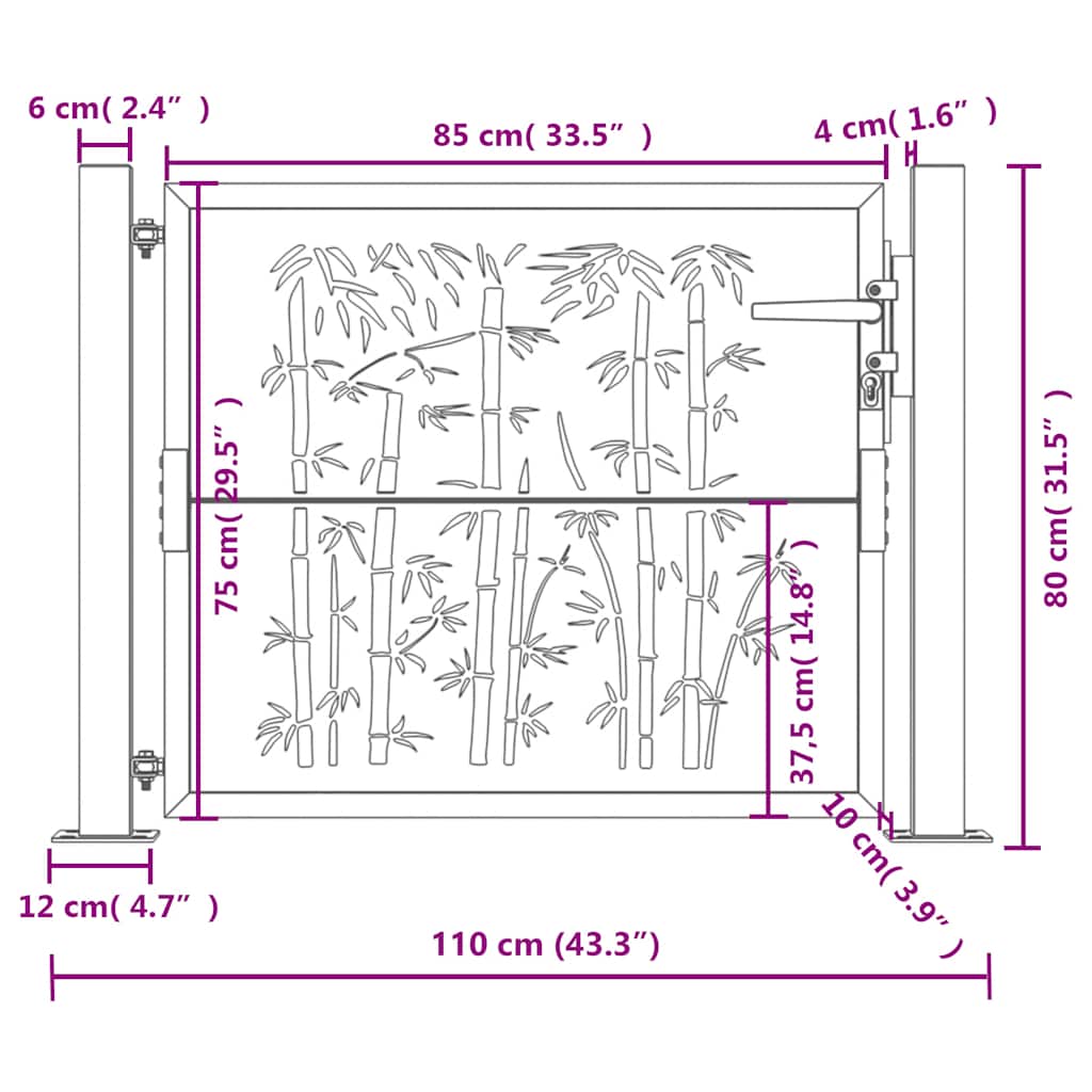 vidaXL Portão de jardim antracite 100x75 cm aço bambu design