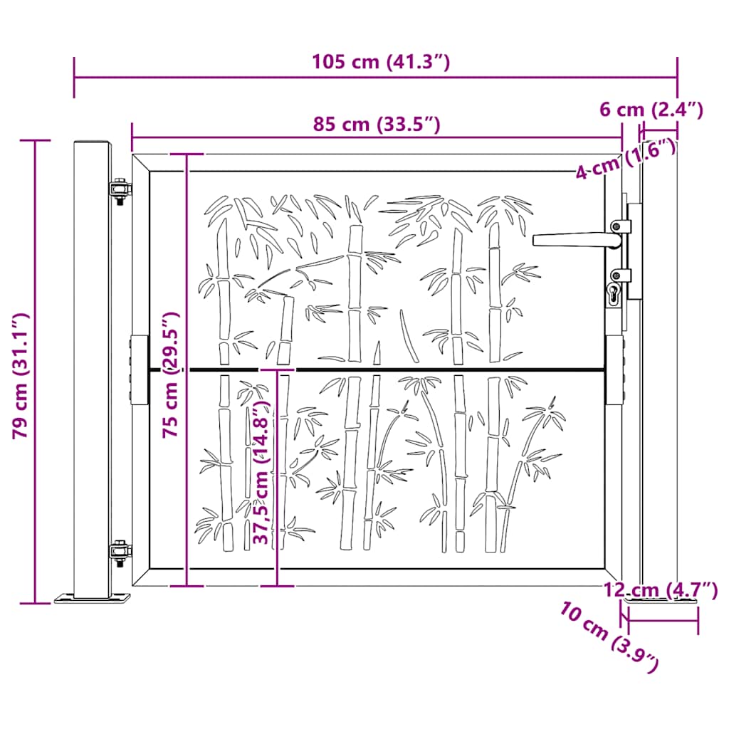 vidaXL Portão de jardim 100x75 cm Aço Corten Design Bambu