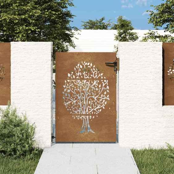 vidaXL Portão de jardim 85x75 cm aço corten design árvore