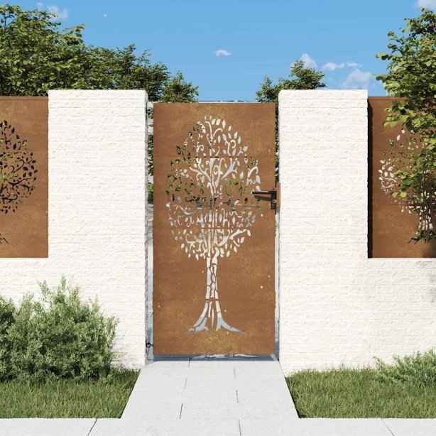 vidaXL Portão de jardim 85x75 cm aço corten design árvore