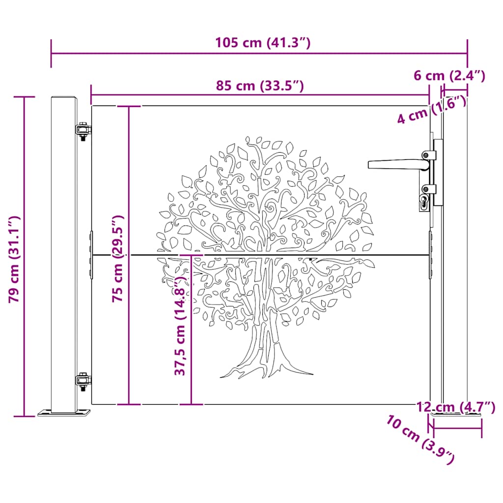 vidaXL Portão de jardim 100x75 cm em aço corten com design de árvore