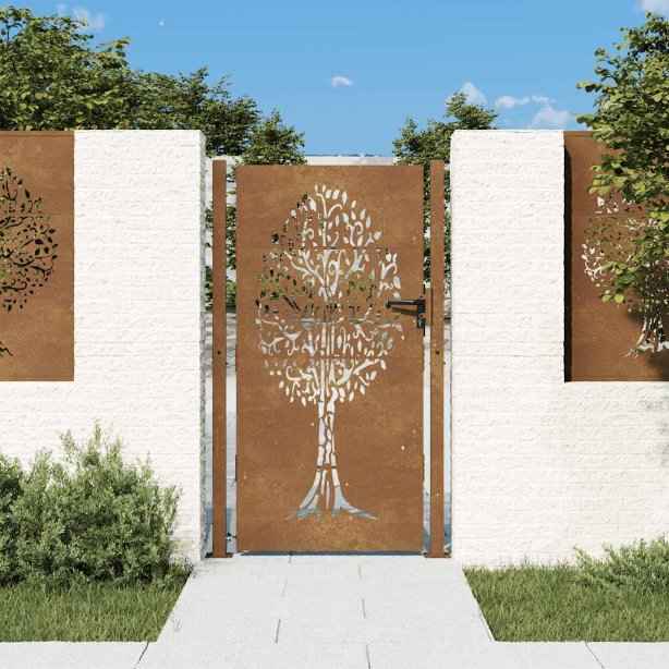 vidaXL Portão de jardim 100x75 cm em aço corten com design de árvore