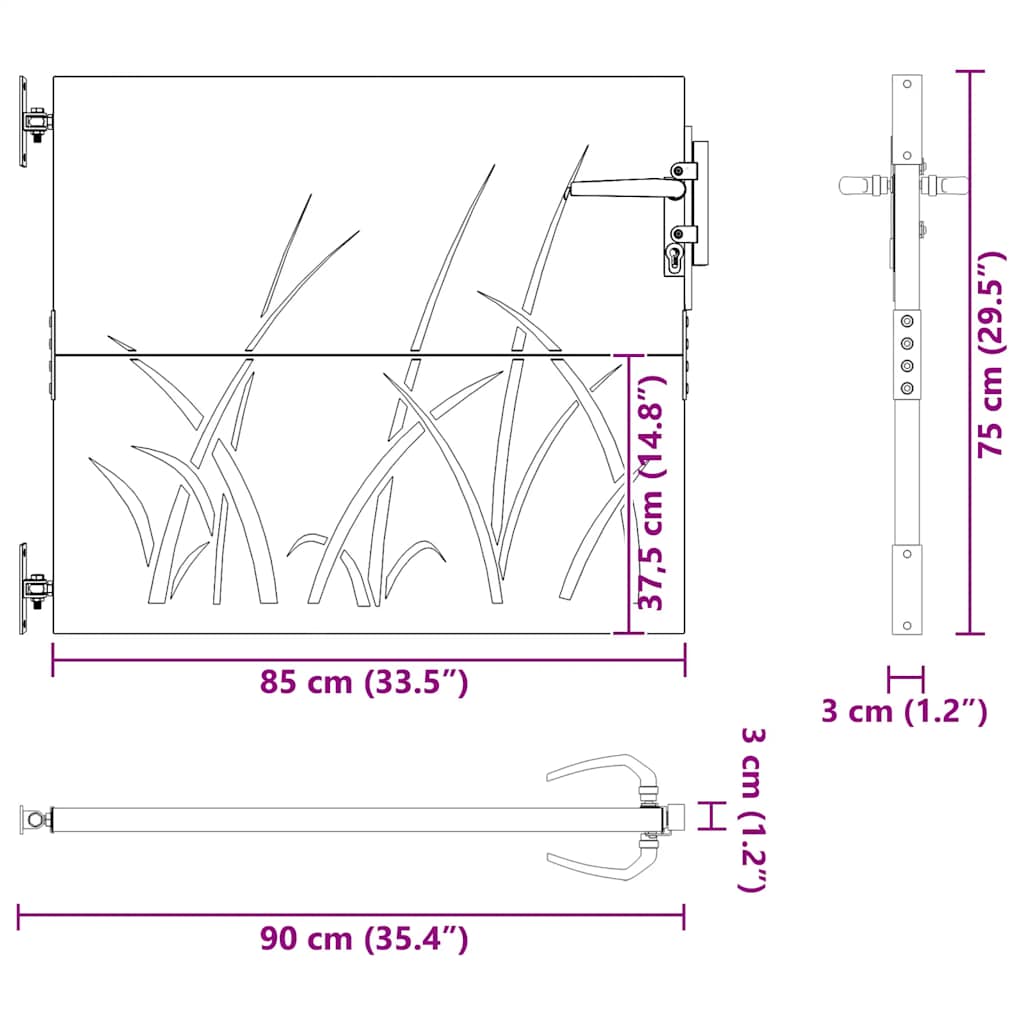 vidaXL Portão de jardim 85x75 cm aço corten design erva