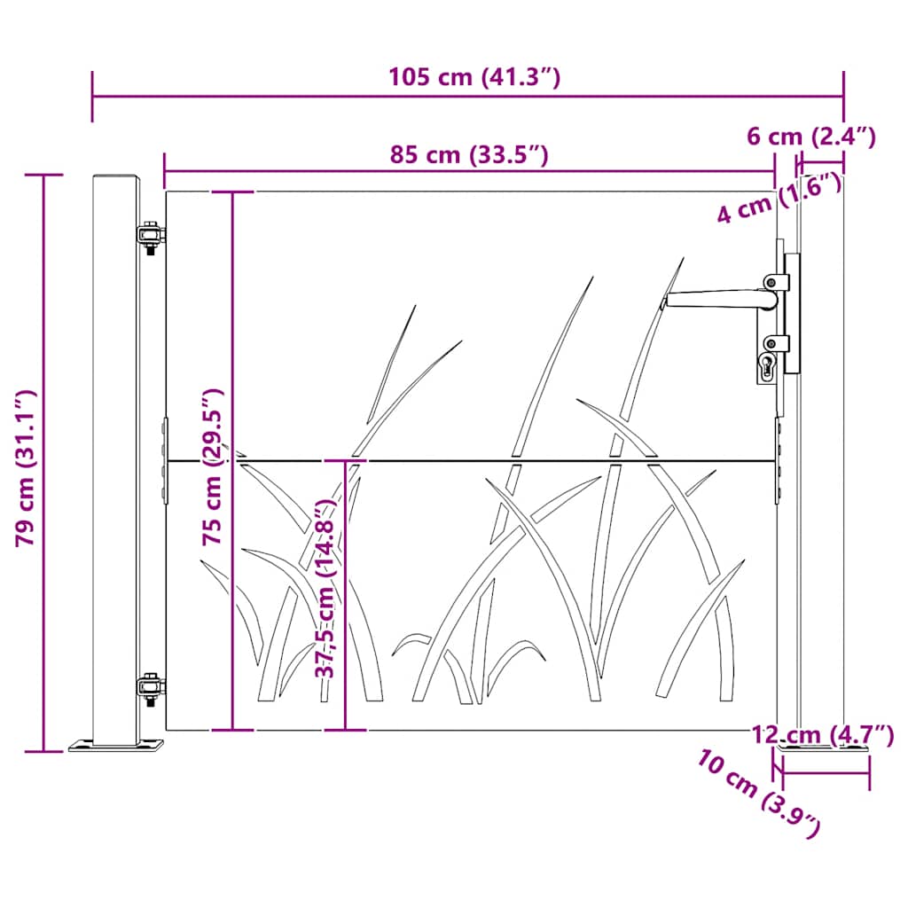 vidaXL Portão de jardim 100x75 cm em aço corten com design de grama