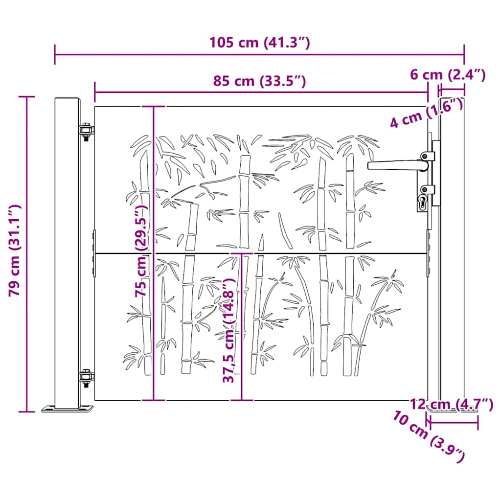 vidaXL Portão de jardim 100x75 cm Aço Corten Design Bambu