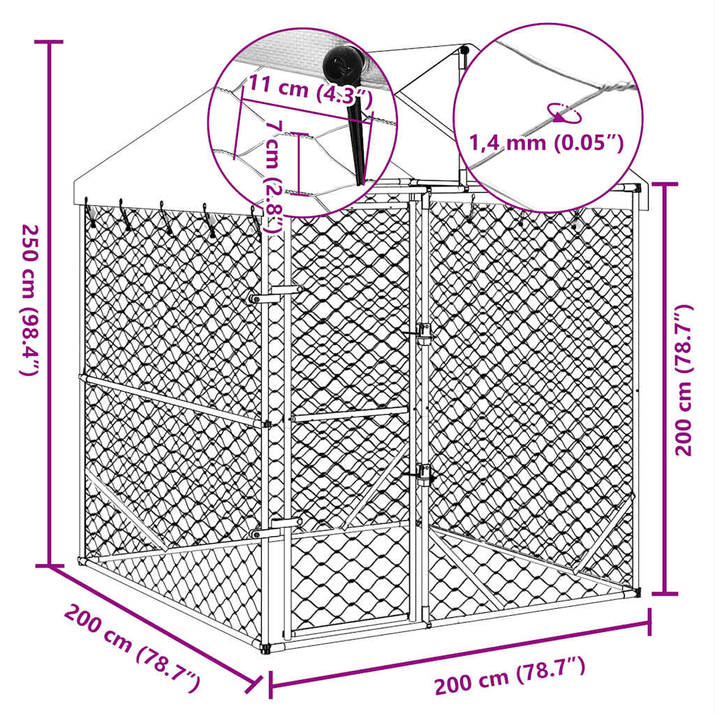 vidaXL Canil de exterior com teto 2x2x2,5m aço galvanizado prateado