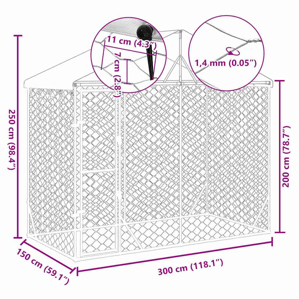 vidaXL Canil de exterior com teto 3x1,5x2,5 m aço galvanizado prateado