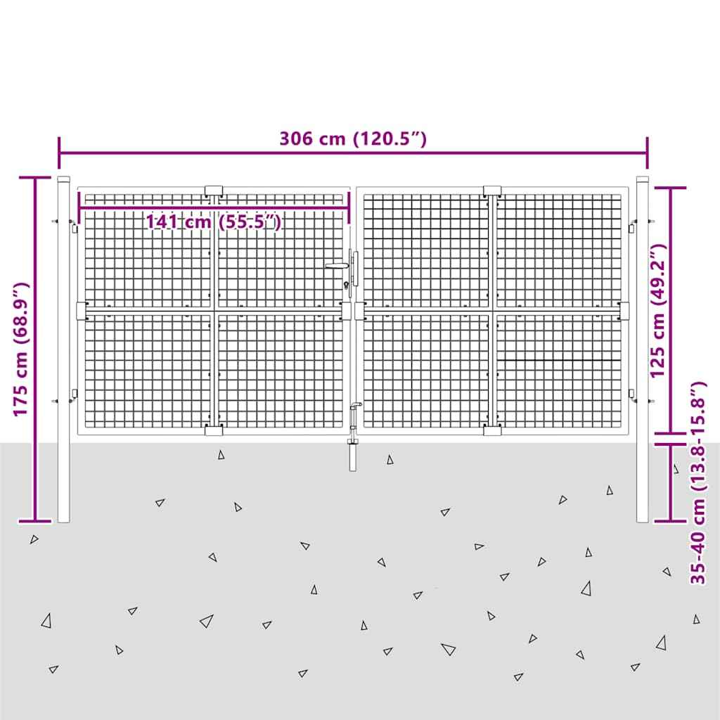 vidaXL Portão de jardim em tela antracite 300x125 cm aço galvanizado.