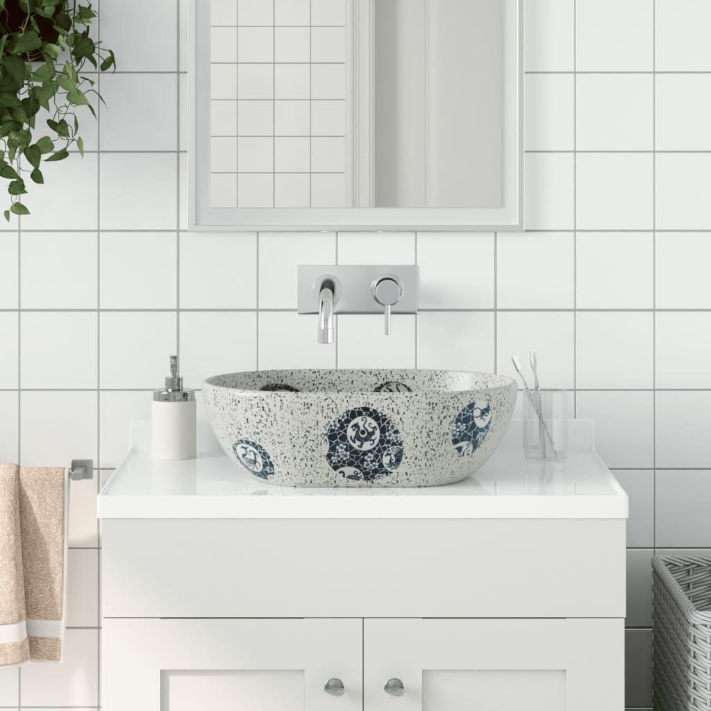 vidaXL Lavatório de bancada oval 47x33x13 cm cerâmica cinza e azul