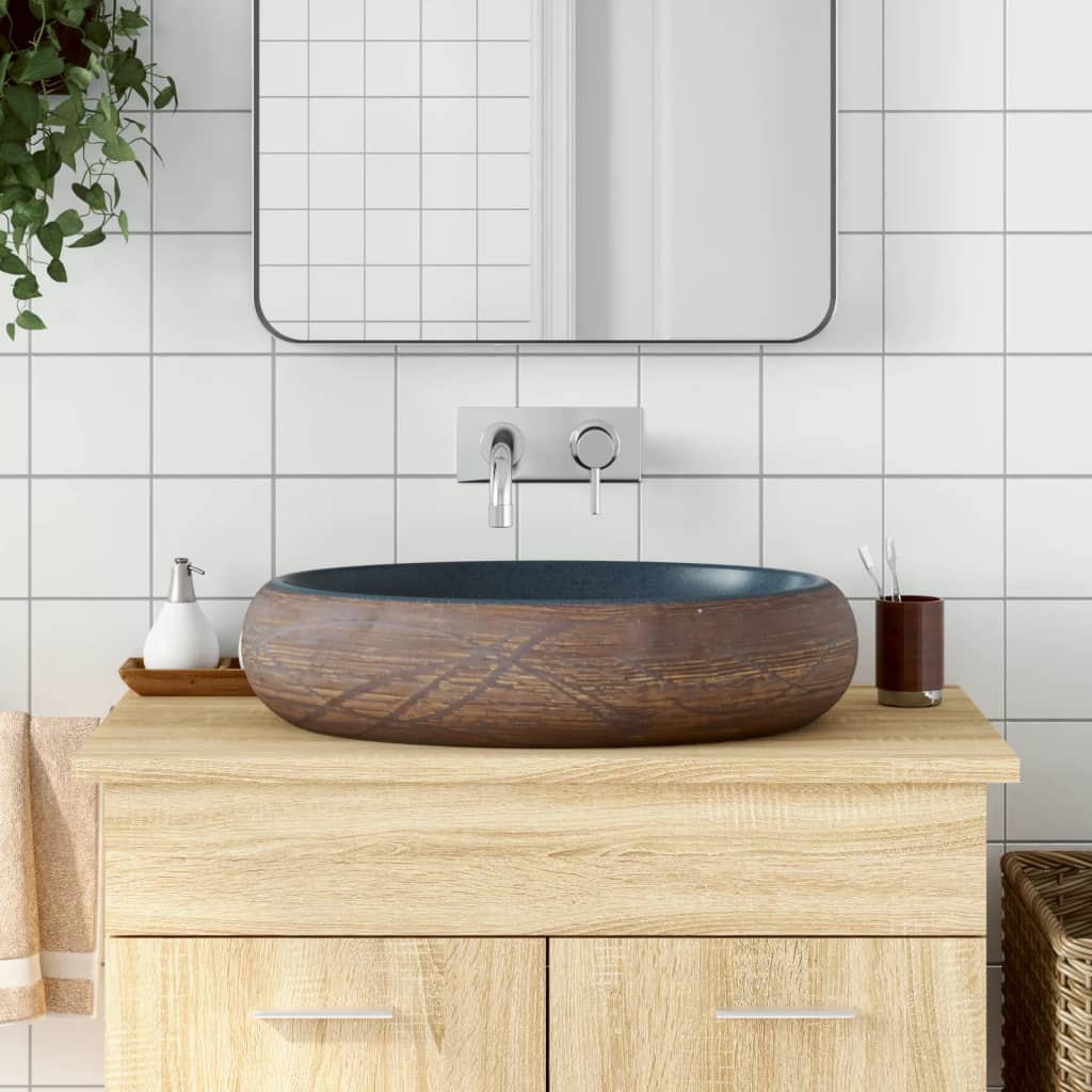 vidaXL Lavatório de bancada oval 47x33x13 cm cerâmica cinza e azul