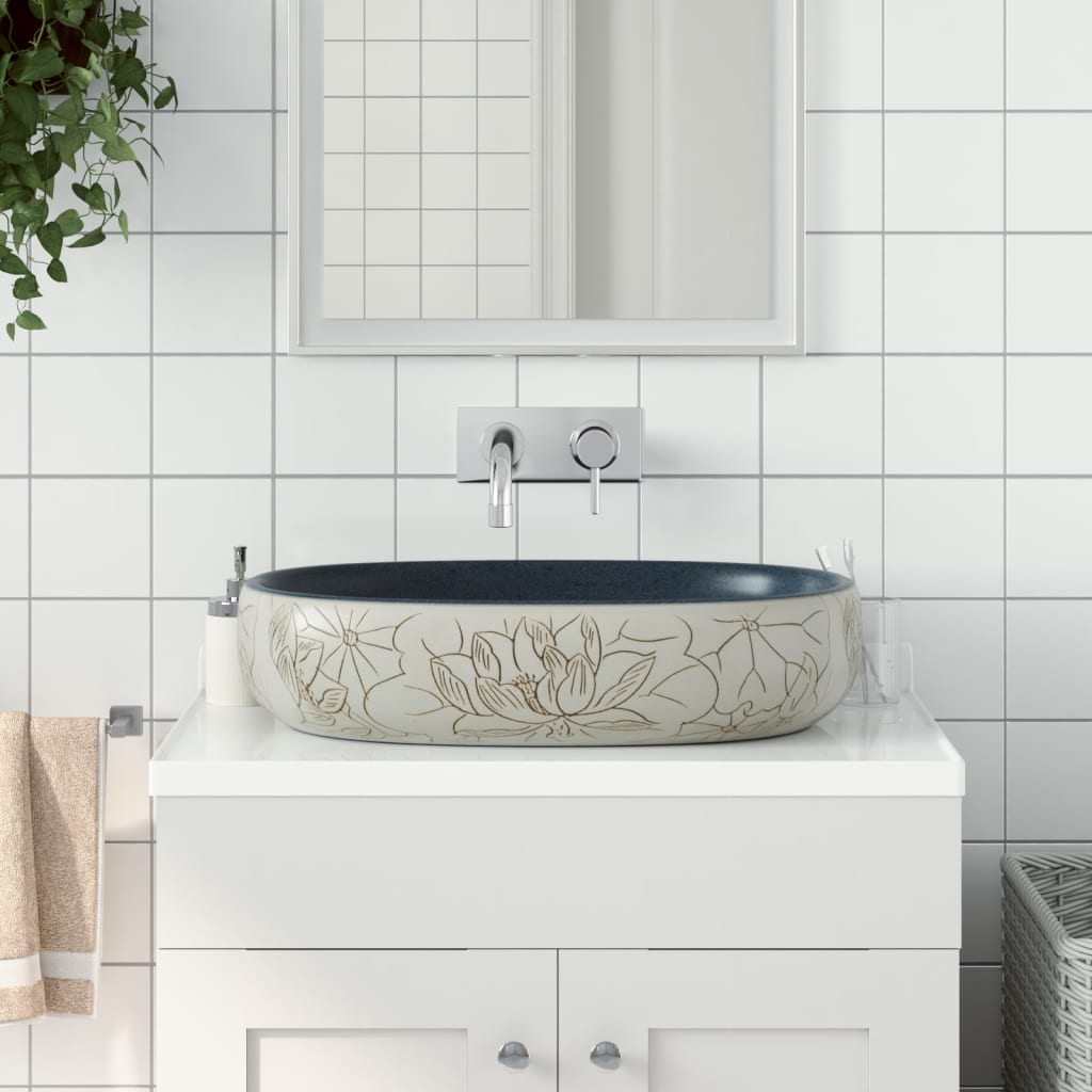 vidaXL Lavatório de bancada oval 47x33x13 cm cerâmica cinza e azul