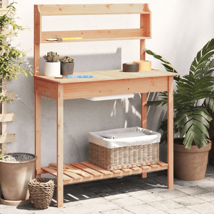 vidaXL Mesa de cultivo com pia 147,5x44x139,5 cm abeto maciço