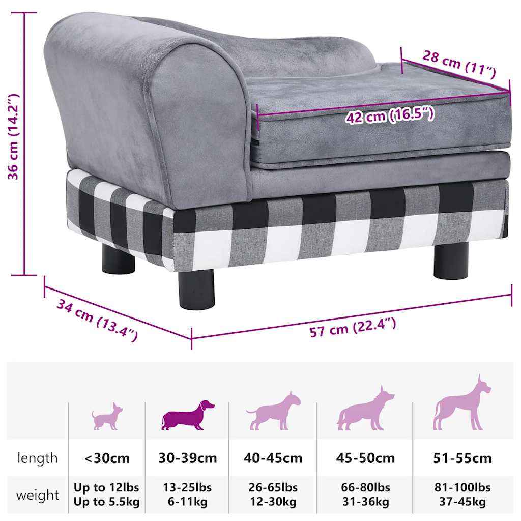 vidaXL Sofá para cães 57x34x36 cm pelúcia cinzento