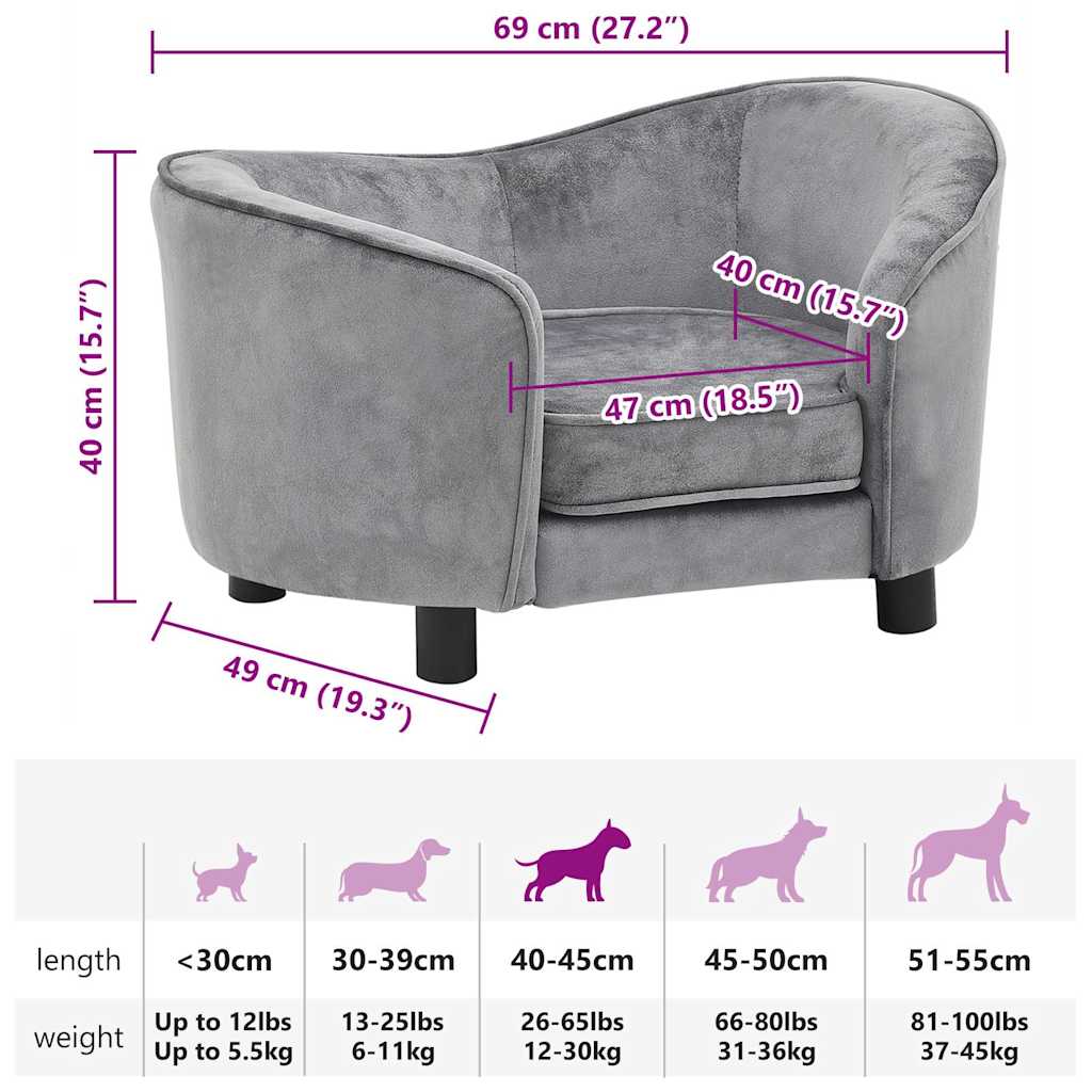 vidaXL Sofá para cães 69x49x40 cm pelúcia cinzento