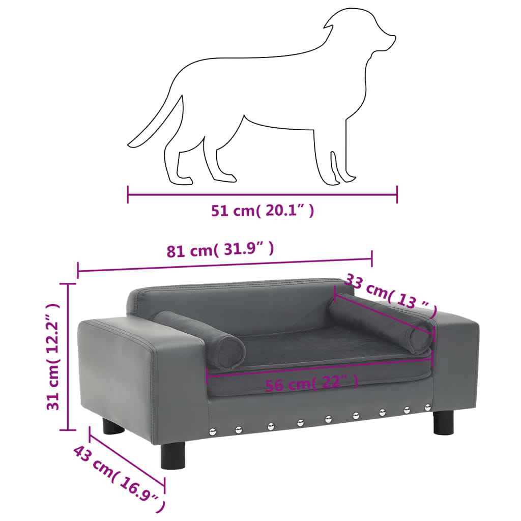 vidaXL Sofá para cães 81x43x31 cm pelúcia e couro artificial cinzento