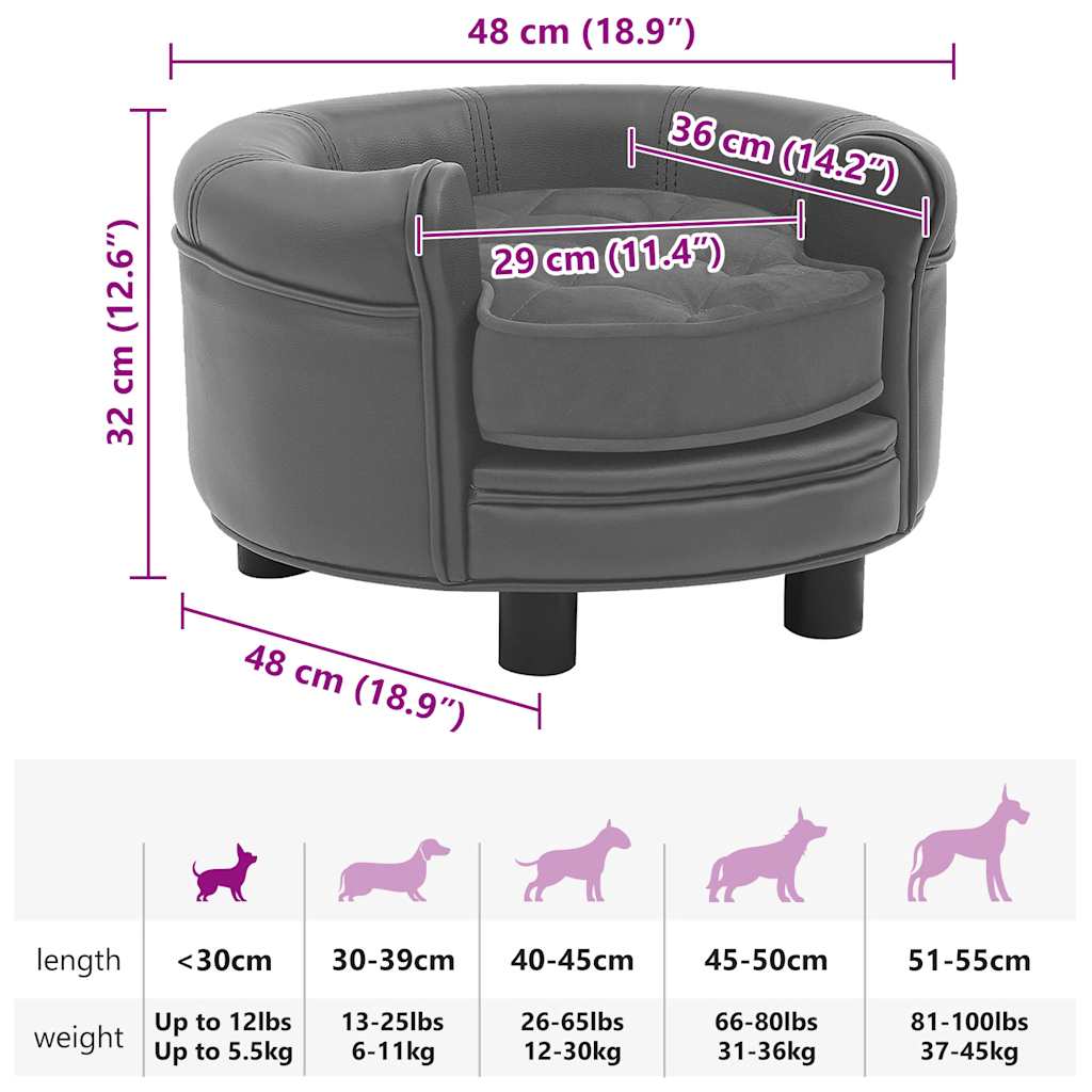 vidaXL Sofá para cães 48x48x32 cm pelúcia e couro artificial cinzento
