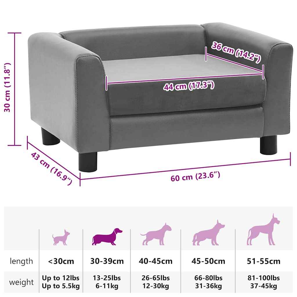 vidaXL Sofá para cães 60x43x30 cm pelúcia e couro artificial cinzento