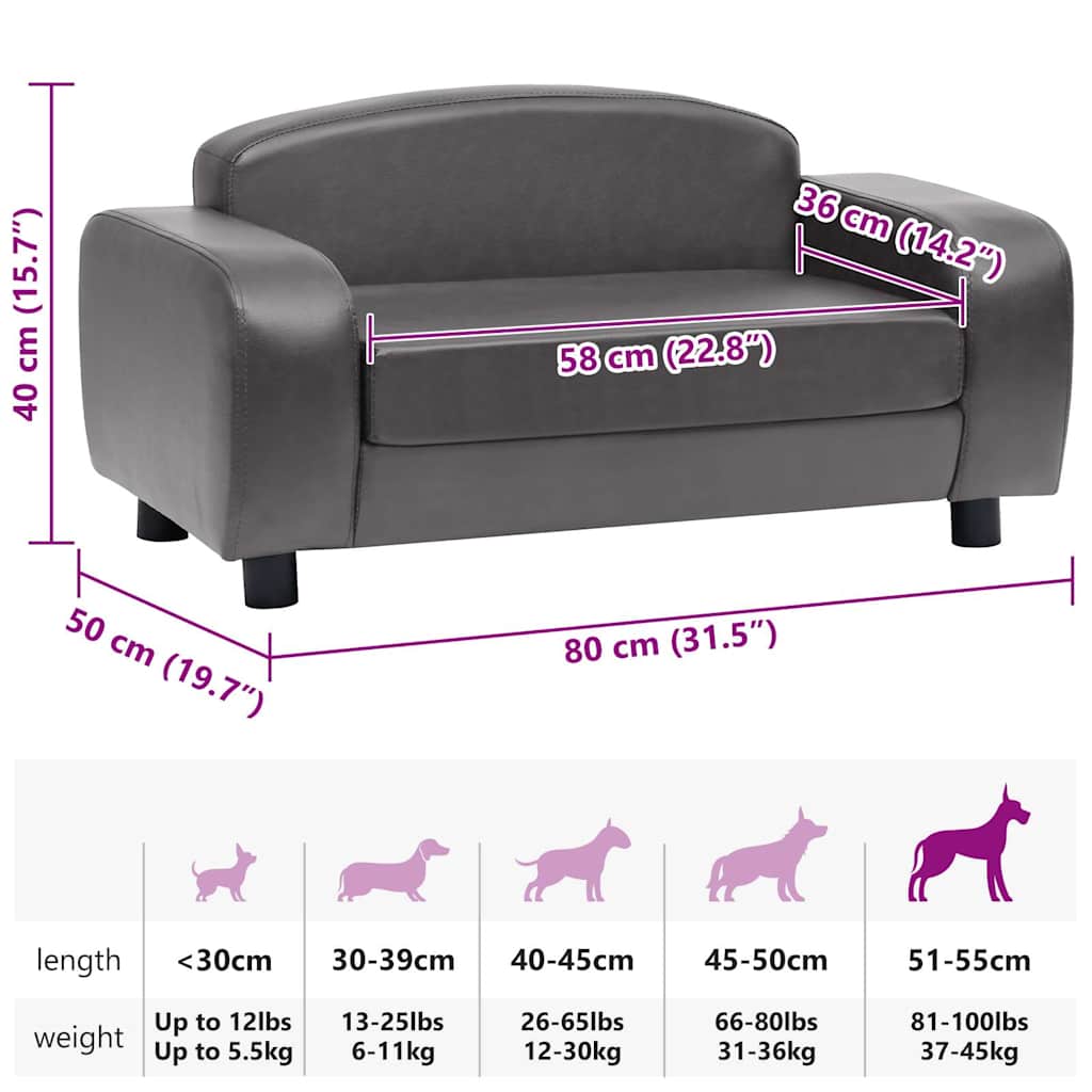 vidaXL Sofá para cães 80x50x40 cm couro artificial cinzento