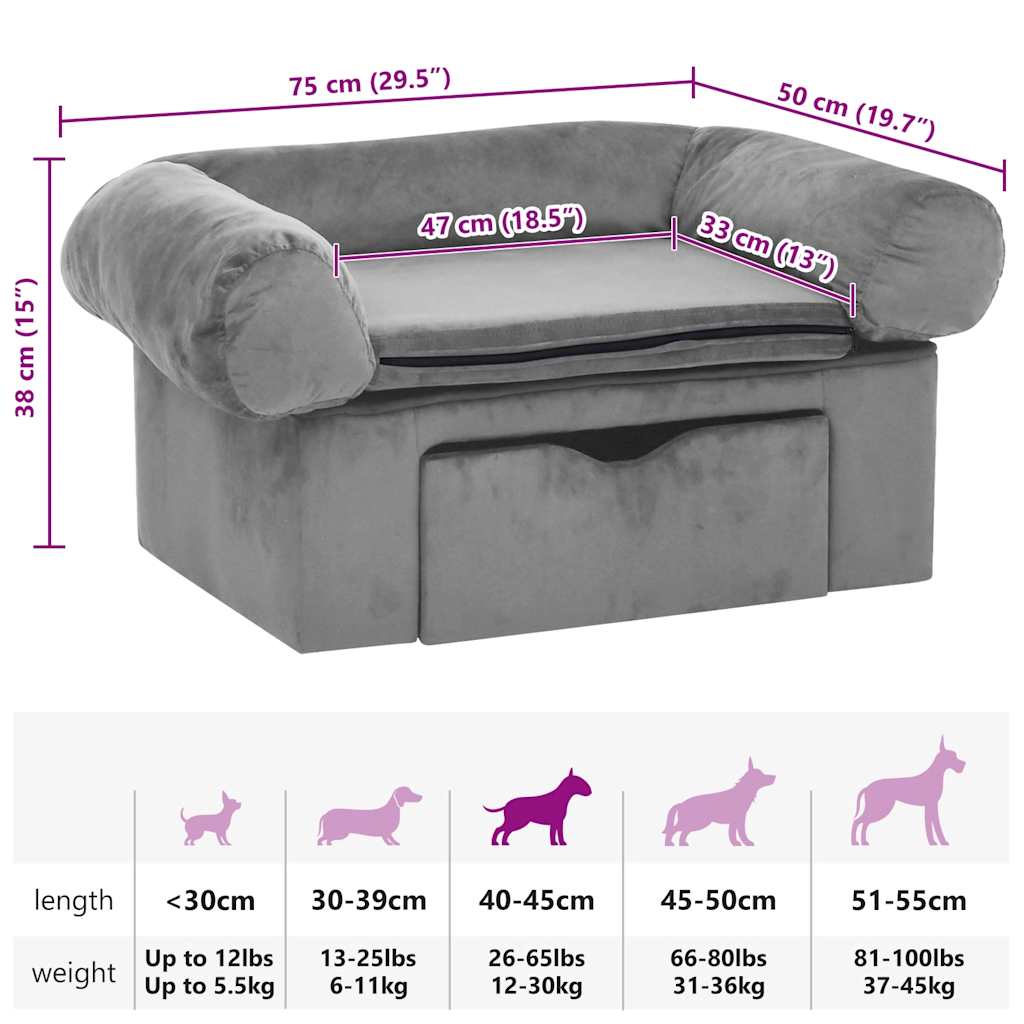 vidaXL Sofá para cães com gaveta 75x50x38 cm pelúcia cinzento