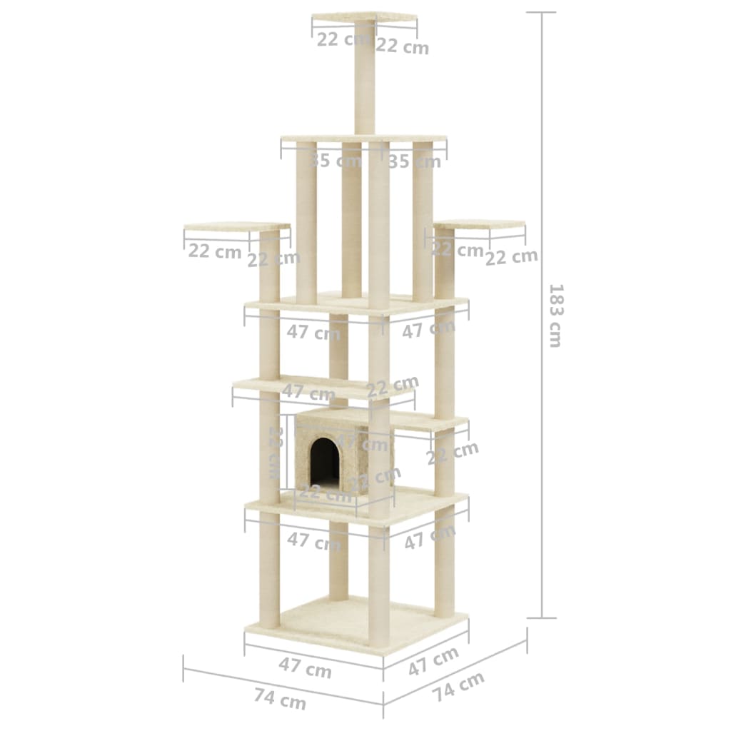 vidaXL Árvore p/ gatos c/ postes arranhadores sisal 183 cm cinza-claro