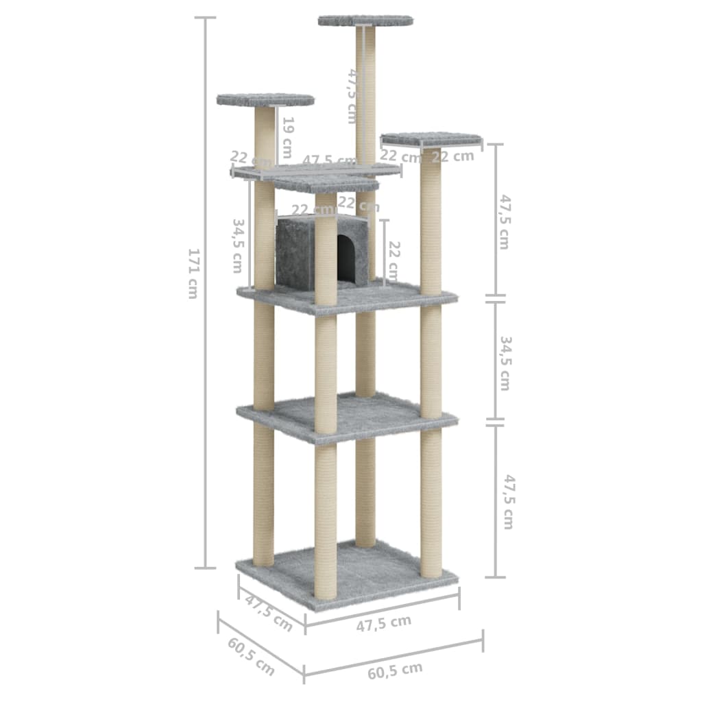 vidaXL Árvore p/ gatos c/ postes arranhadores sisal 171 cm cinza-claro