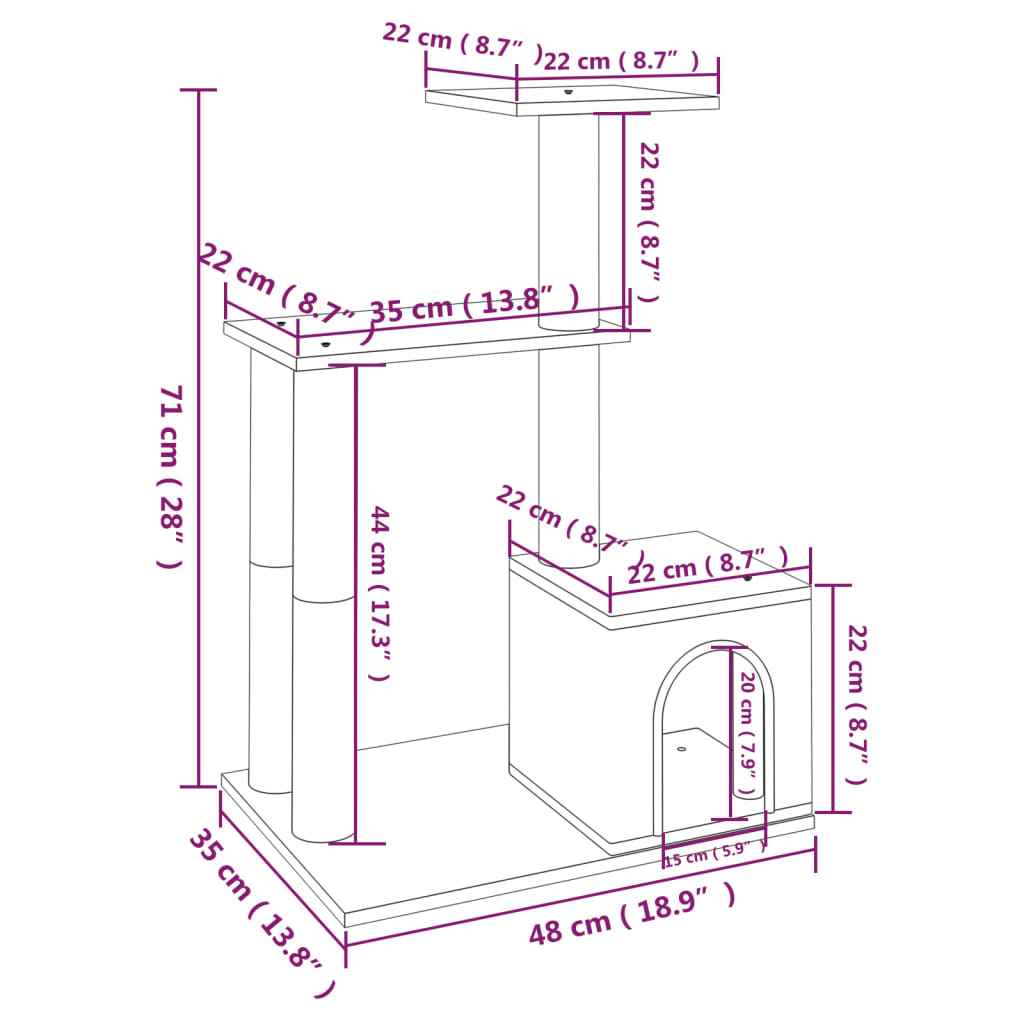 vidaXL Árvore p/ gatos c/ postes arranhadores sisal 71 cm cinza-claro
