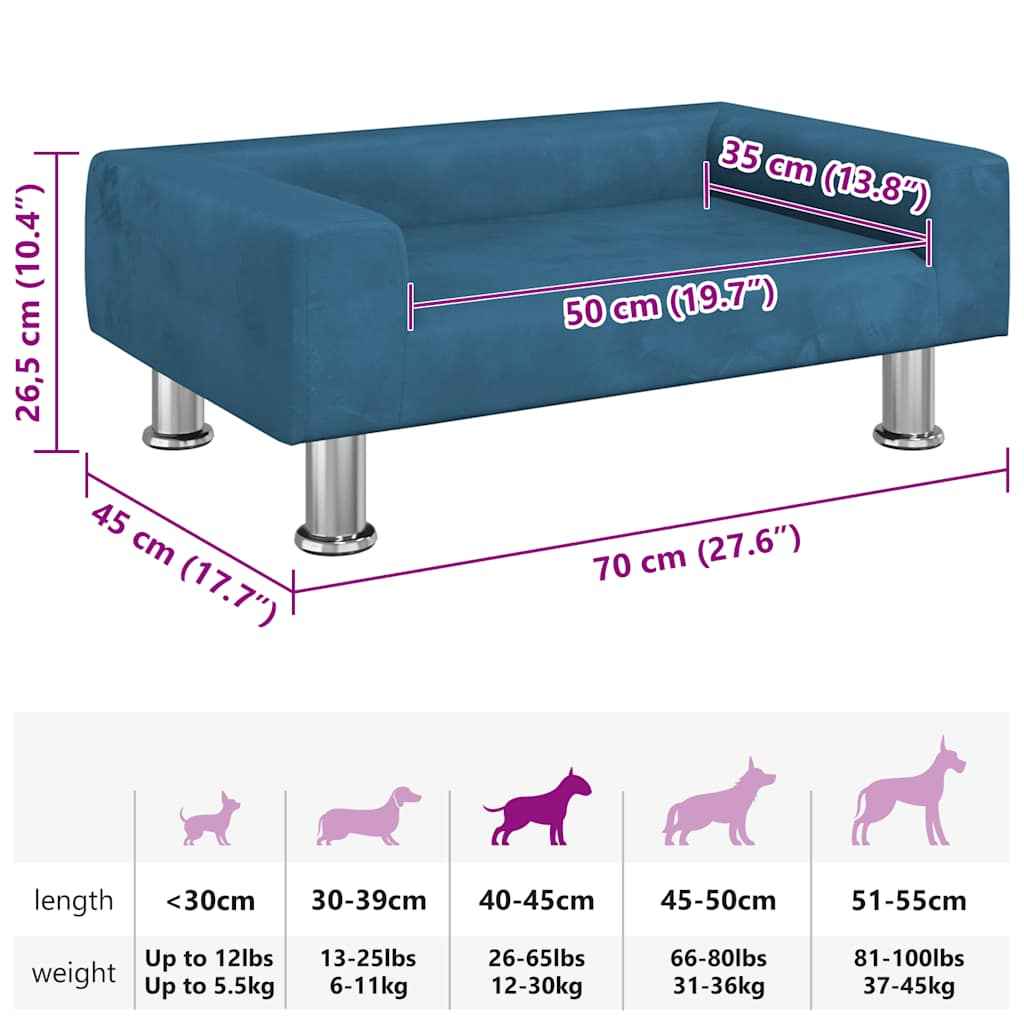 vidaXL Cama para cães 70x45x26,5 cm veludo azul
