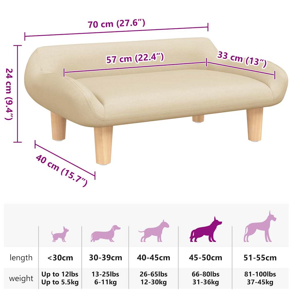vidaXL Cama para cães 70x40x24 cm tecido cor creme