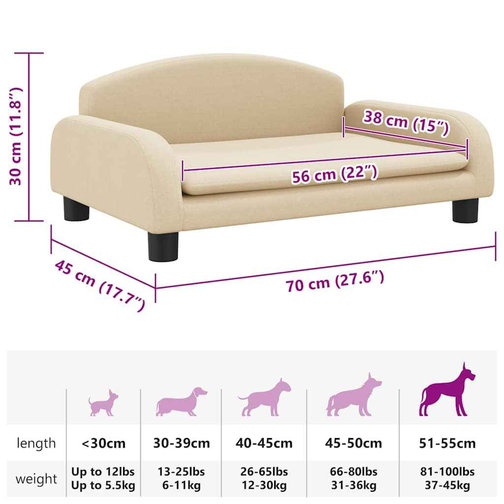 vidaXL Cama para cães 70x45x30 cm tecido cor creme