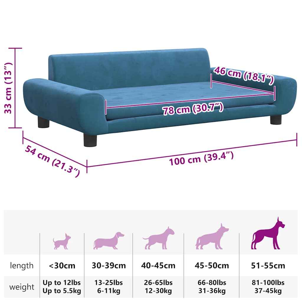 vidaXL Cama para cães 100x54x33 cm veludo azul