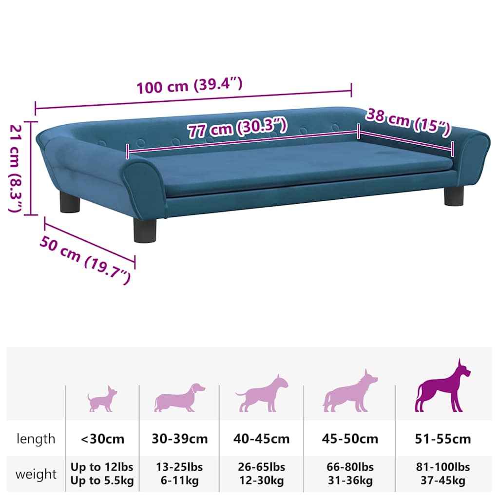 vidaXL Cama para cães 100x50x21 cm veludo azul